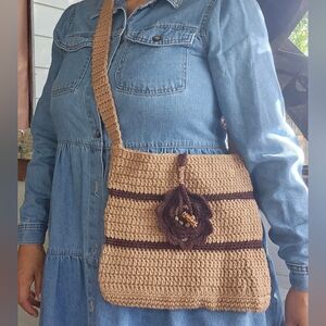 Elegant Tan and Brown Crochet Shoulder Bag